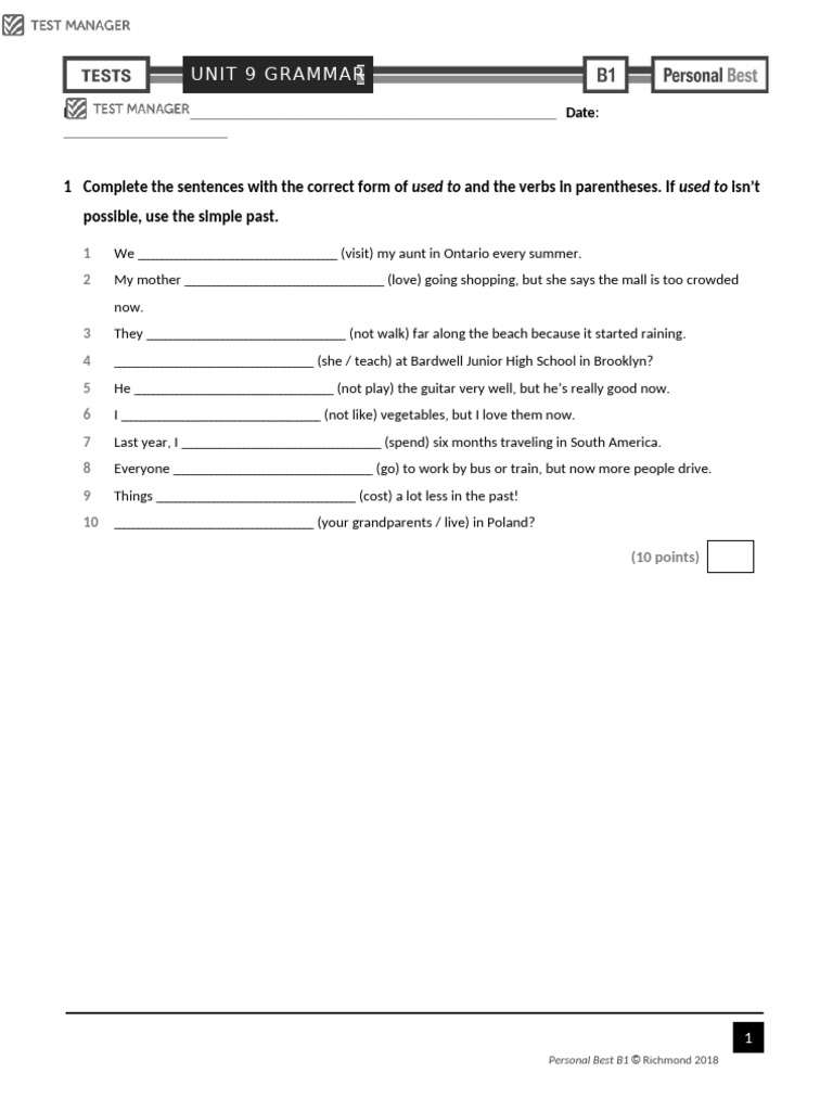 Personal Best B1 AmE Unit 9 Grammar Test | PDF | Linguistics | Syntax