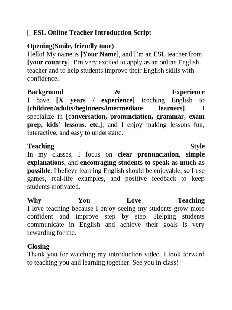 ? ESL Online Teacher Introduction Script | PDF