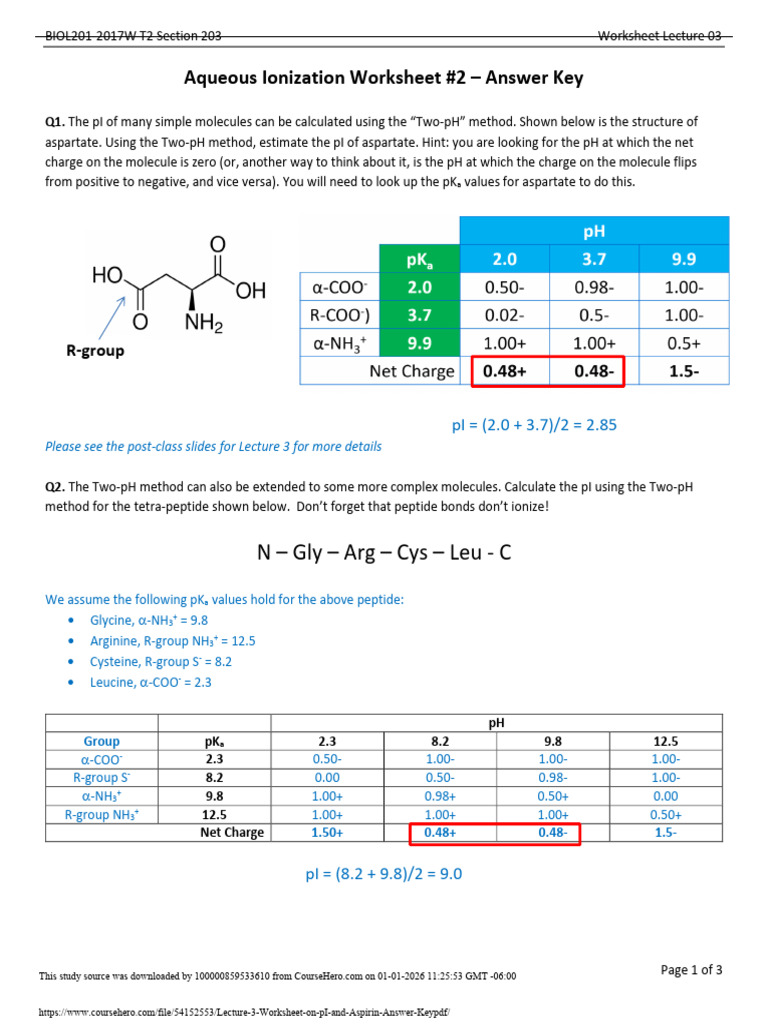 Lecture 3 Worksheet On Pi and Aspirin Answer Key PDF | PDF | Acid ...