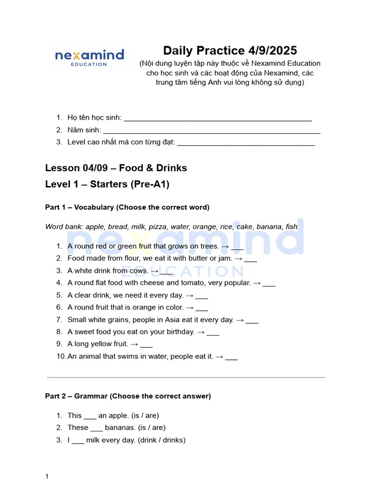 Daily Practice 4/9/2025: Lesson 04/09 - Food & Drinks Level 1 ...