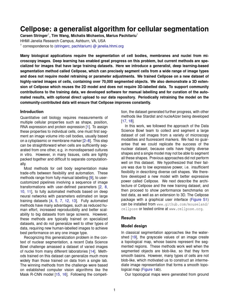 7.cellpose - A Generalist Algorithm For Cellular Segmentation | PDF ...