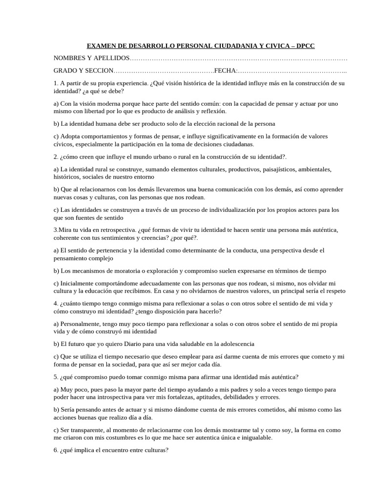 Examen de Desarrollo Personal Ciudadania y Civica | PDF | Las emociones ...