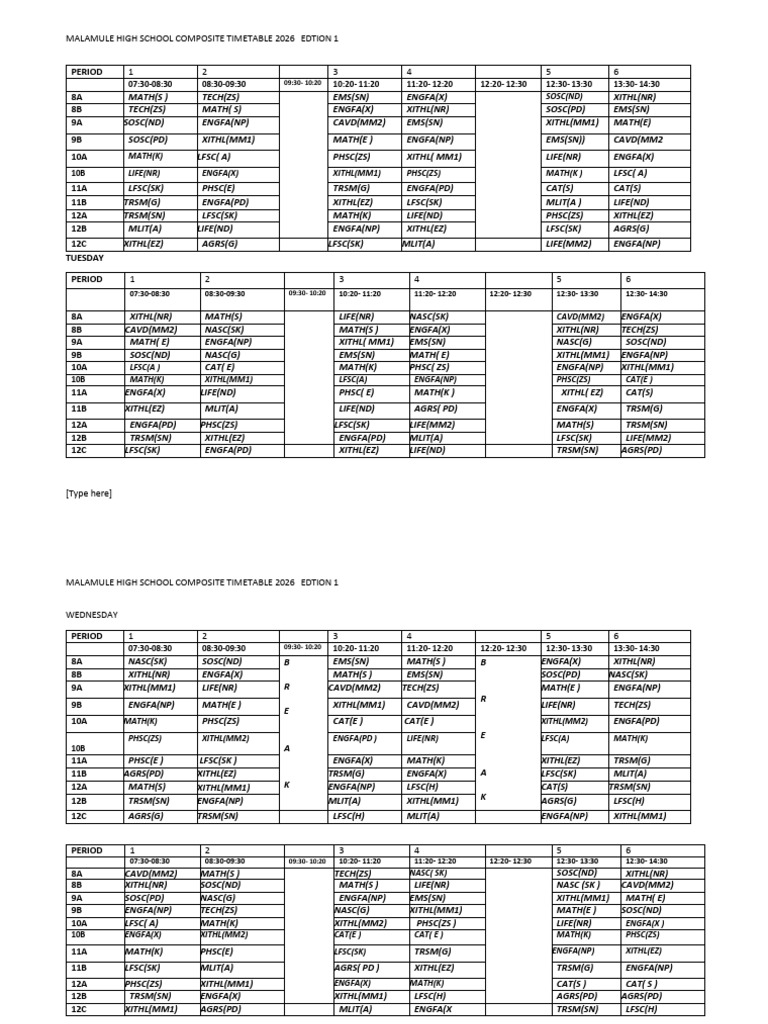 Malamule Sec SCH 2026 Composite Timetable .Edtion One 105756 | PDF