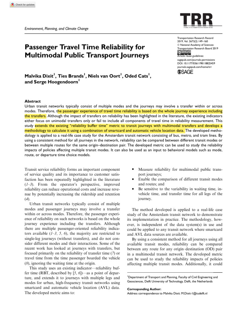 Dixit Et Al 2019 Passenger Travel Time Reliability For Multimodal ...