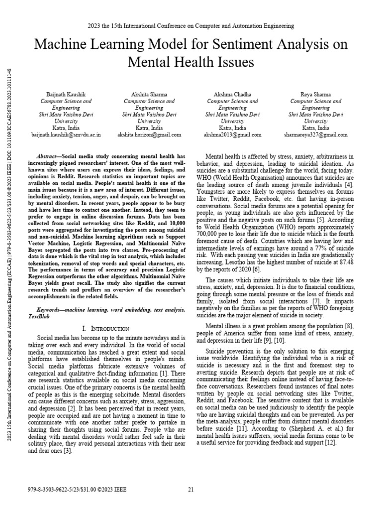 Machine Learning Model For Sentiment Analysis On Mental Health Issues ...