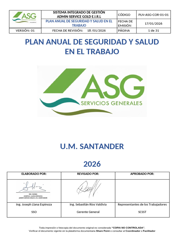 PL-ASG-SEG-01 - Plan Anual de Seguridad y Salud en El Trabajo | PDF ...