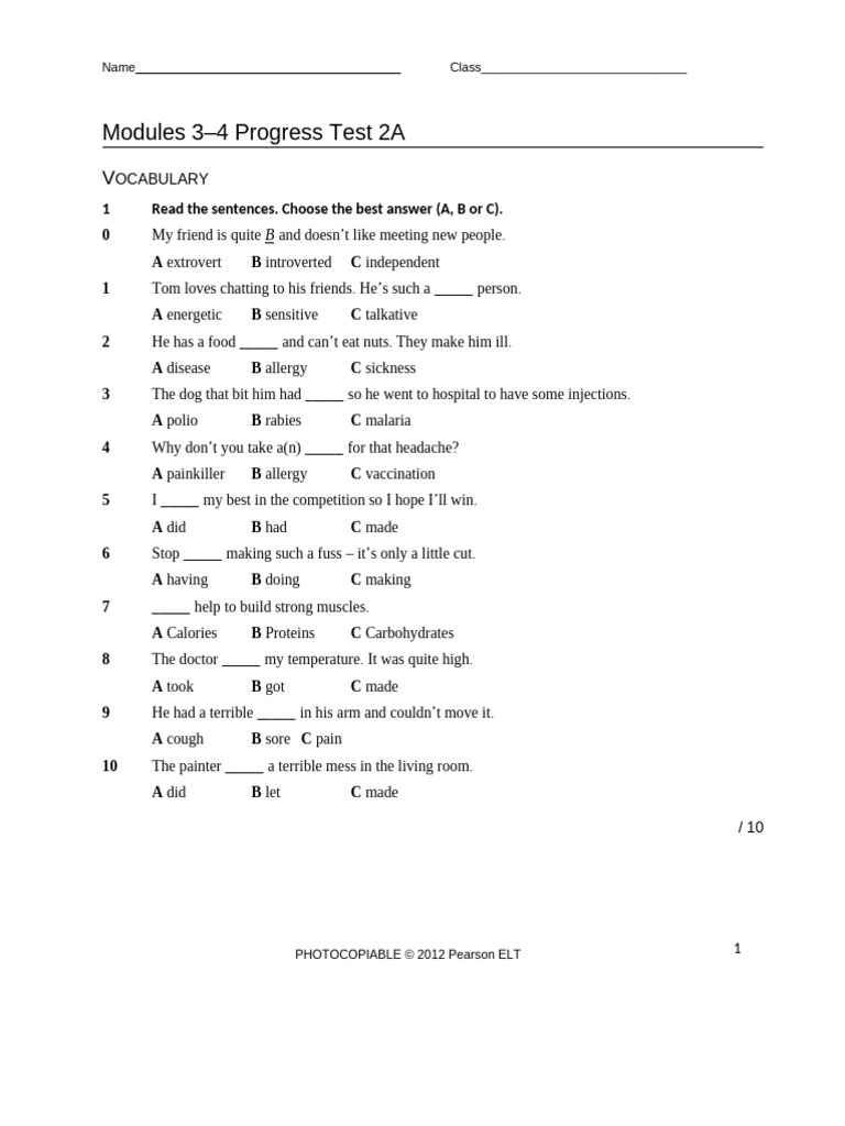 NEW CHA Progress Test 2A | PDF