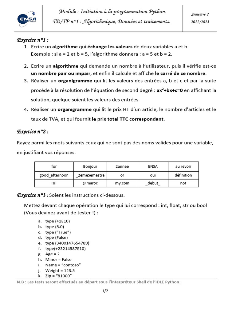 TD1-TP1 Python | PDF | Python (Langage de programmation ...