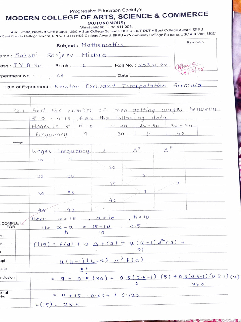Practical 6 - Newtons Forward Interpolation Formula | PDF