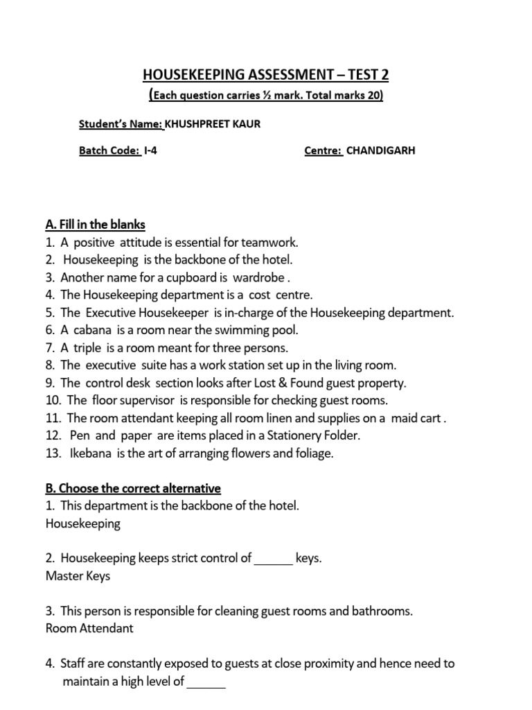 K Housekeeping Assessment Test - 2 | PDF