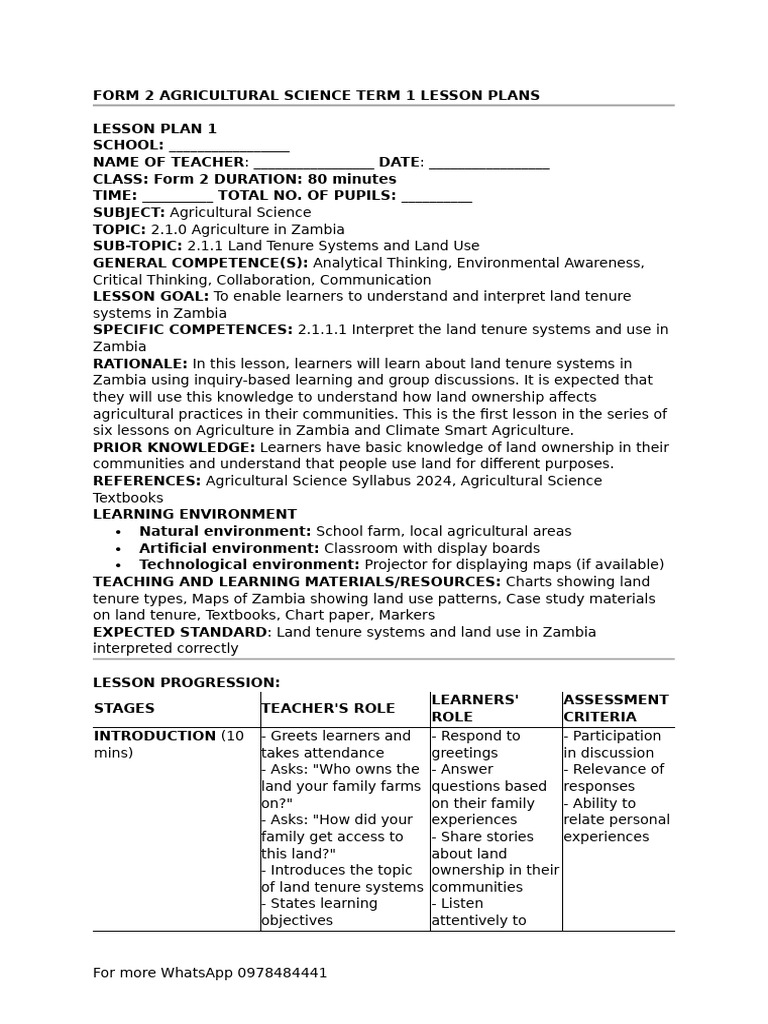 Form 2 Agricultural Science Term 1 Lesson Plans | PDF | Lesson Plan ...