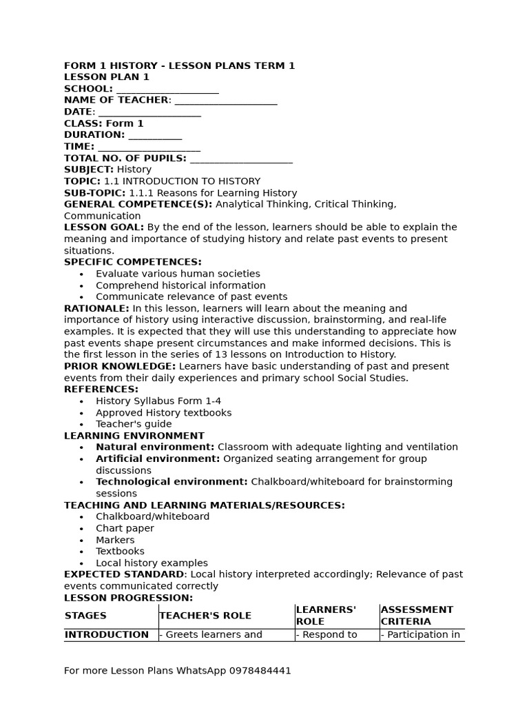 Form 1 History - Lesson Plans Term 1 | PDF | Lesson Plan | Learning