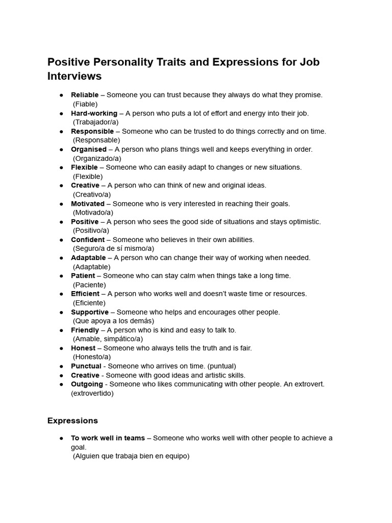 Positive Personality Traits and Expressions For Job Interviews | PDF ...