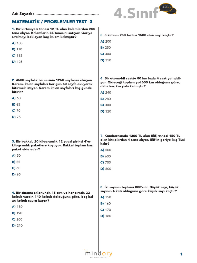 4 Islem Gerektiren Problemler Test - 3 | PDF