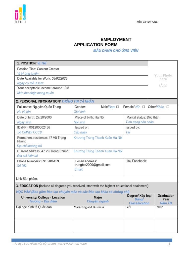 Bản Sao Của BM 02.TAJ - Application Form | PDF