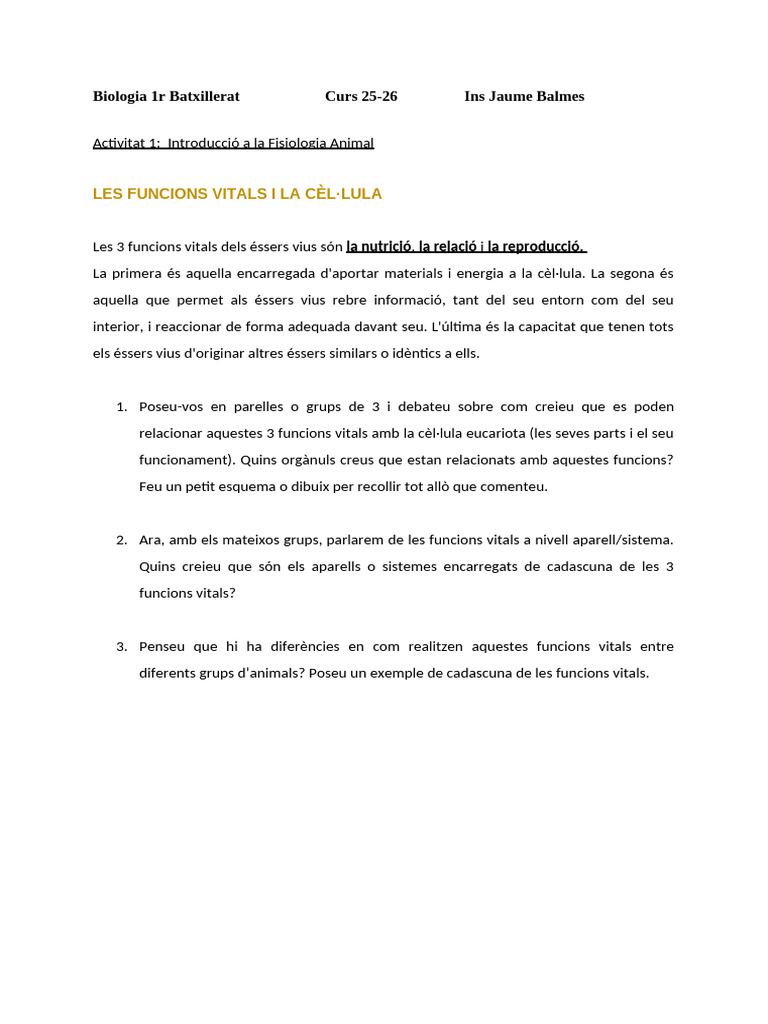 Bloc 6 - Fisiologia Animal - Activitat Inicial | PDF