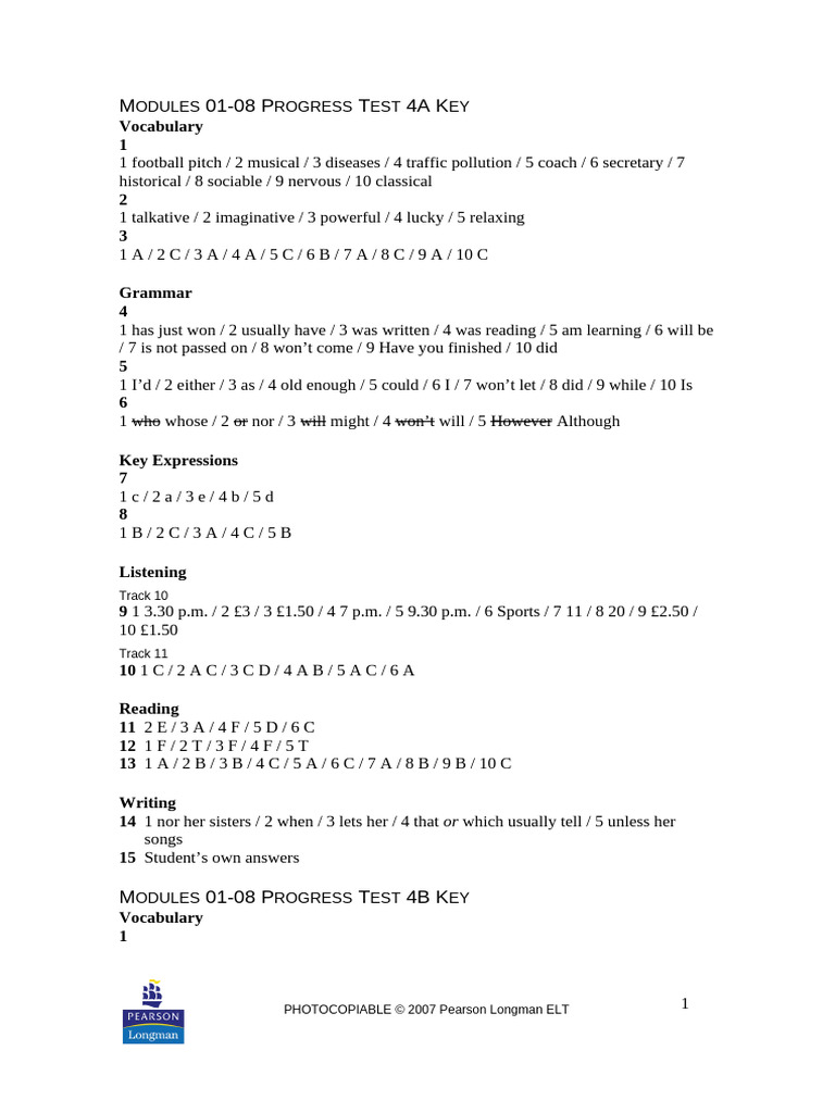 Progress Tests Key 4 | PDF