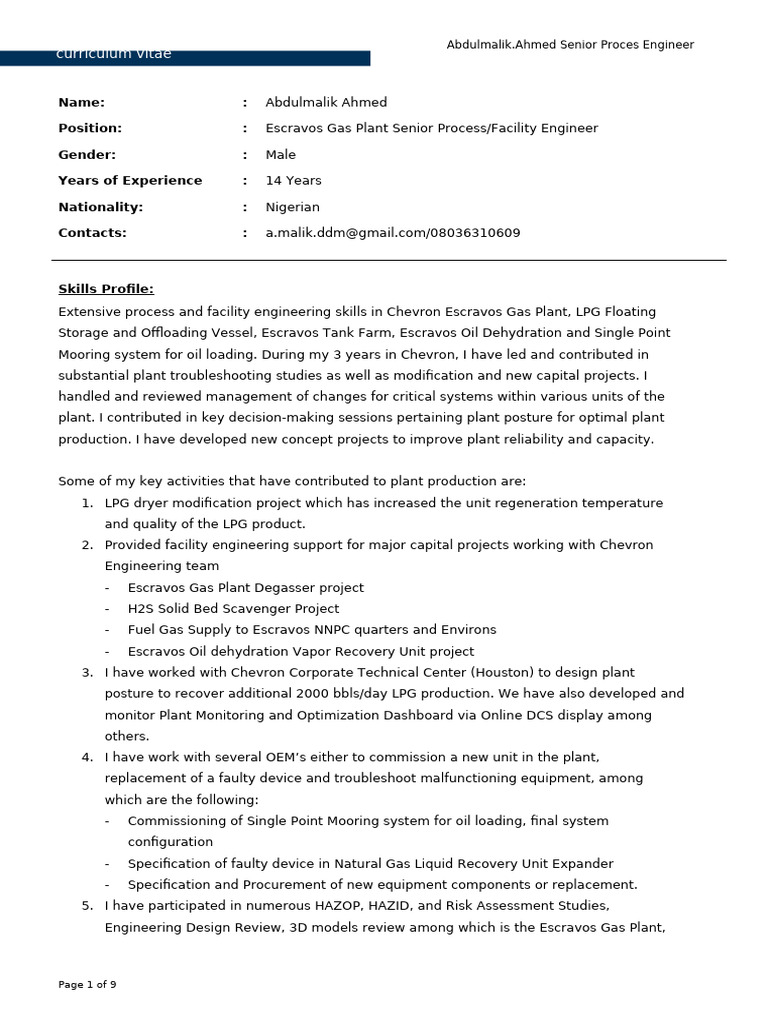 Senior Process - Facility Engineer | PDF | Natural Gas | Process ...