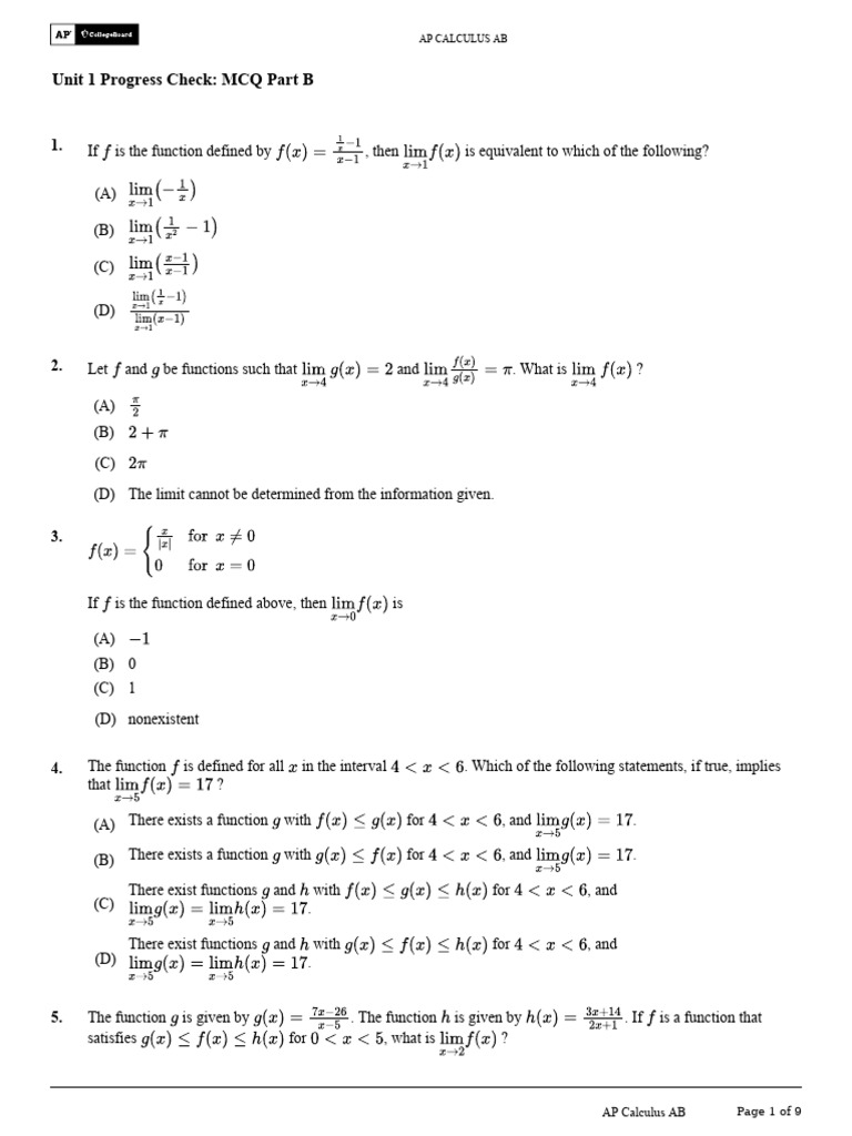Unit1 ProgressCheck MCQ PartB | PDF | Function (Mathematics) | Calculus