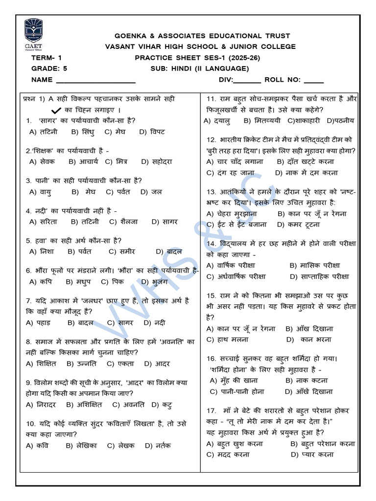 PRACTICE SHEET 1 - 5T - II Lang - Term II | PDF