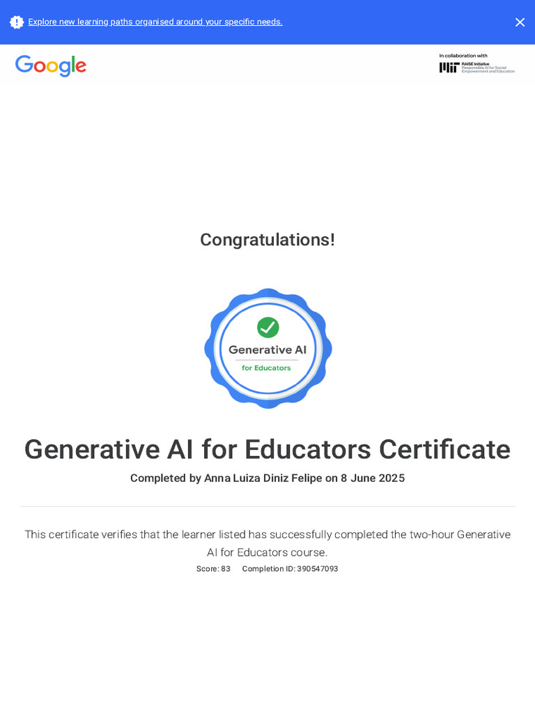 Generative AI For Educators Certificate - Google | PDF