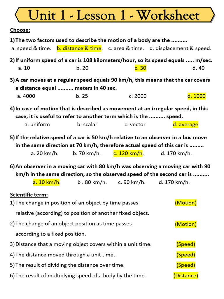 Lesson 1 Answer M3 | PDF | Speed | Motion (Physics)