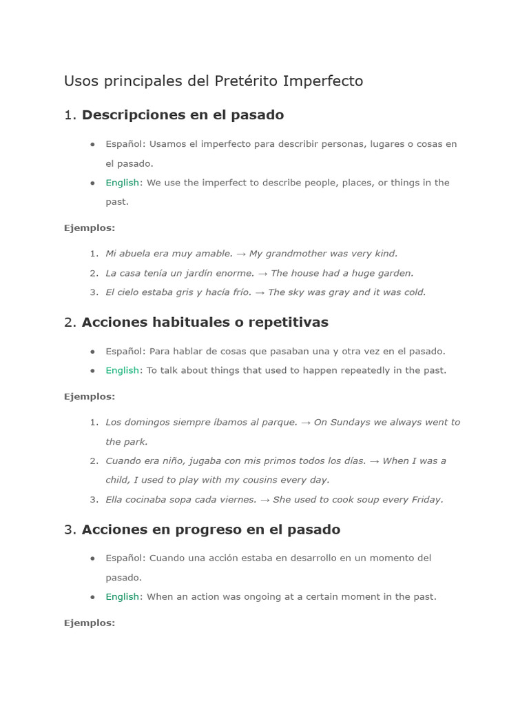 Usos Principales Del Pretérito Imperfecto | PDF