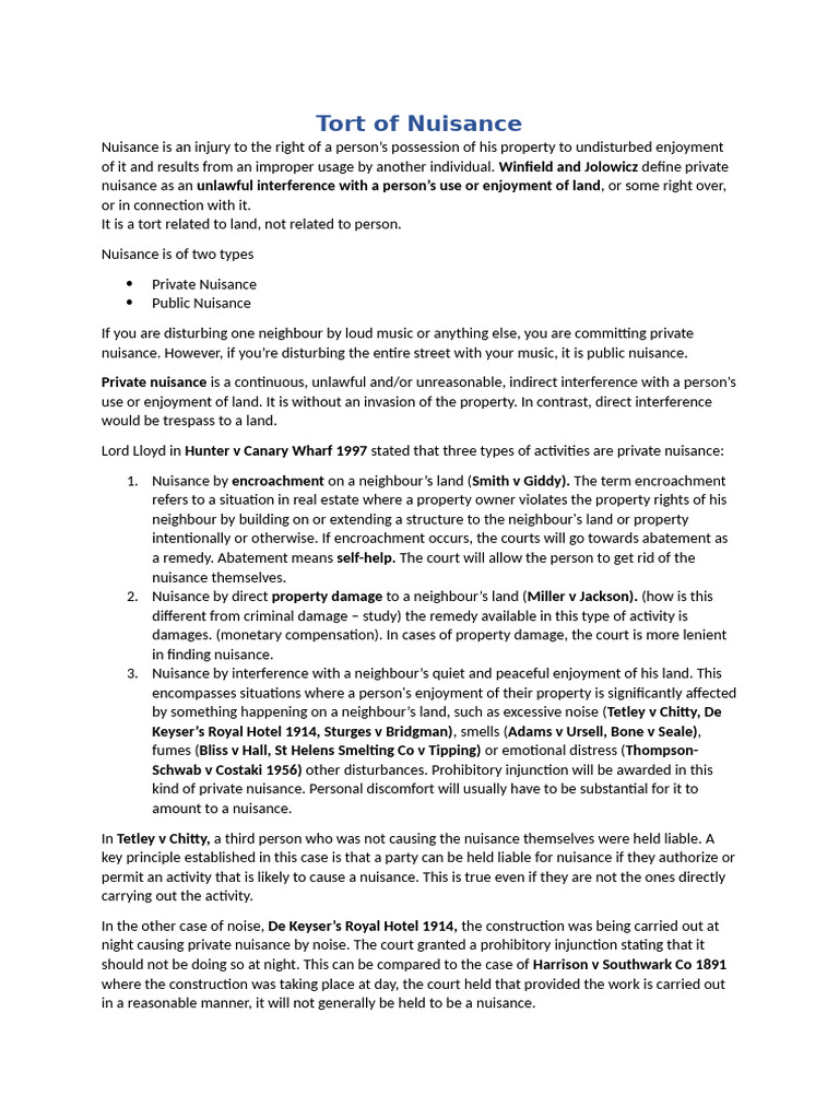 Nuisance | PDF | Tort | Legal Concepts
