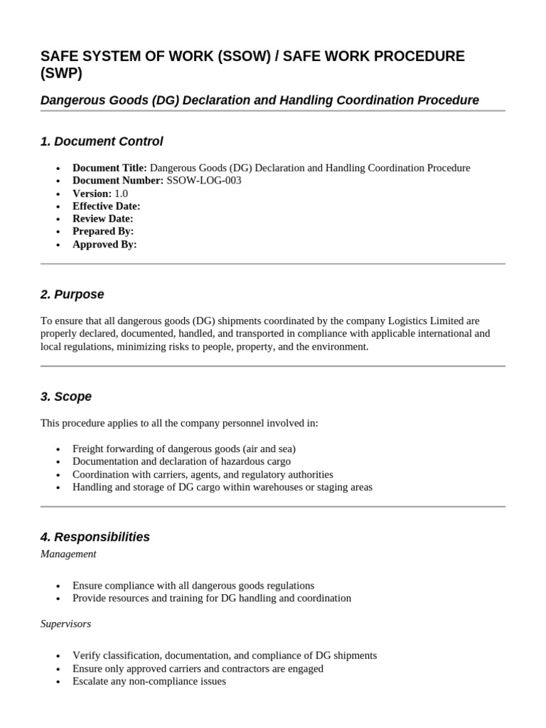 Safe Work Procedure (SWP) Dangerous Goods Handling | PDF | Dangerous ...
