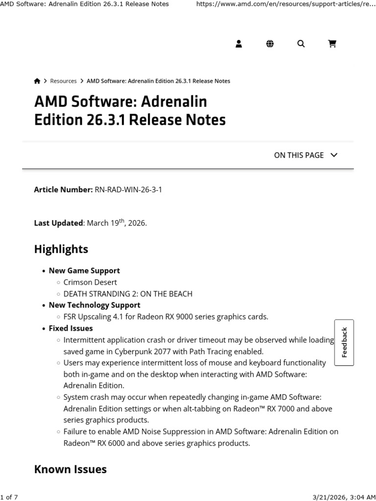 AMD Software - Adrenalin Edition 26.3.1 Release Notes | PDF | Computing ...