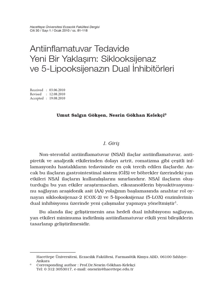Antiinflamatuvar Tedavide Yeni Bir Yakla M Siklooksijenaz Ve 5 ...