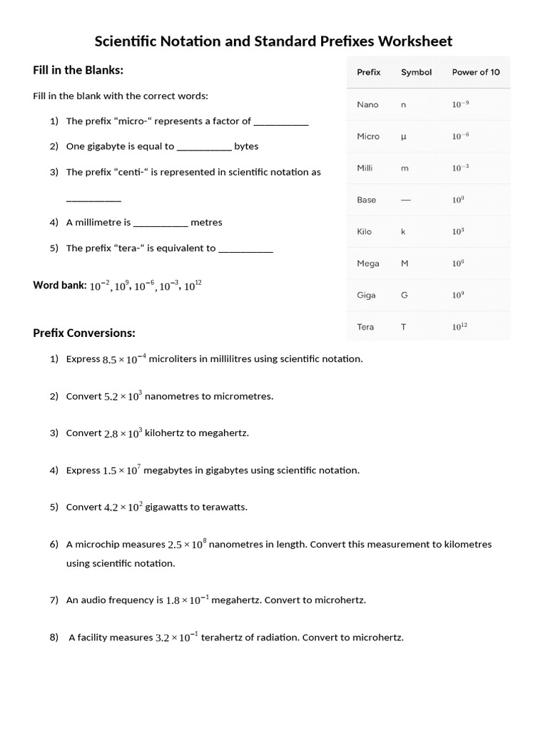 Scientific Notation and Standard Prefixes Worksheet | PDF