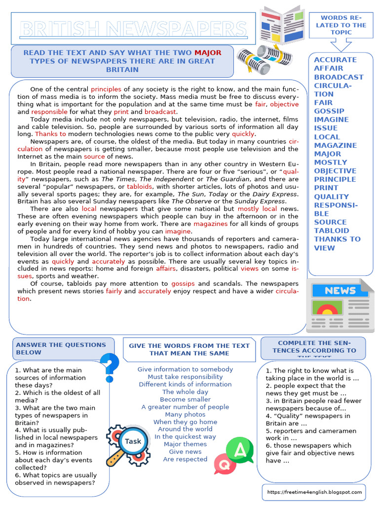 Mass Media British Newspapers Reading Comprehension Exercises 142130 ...