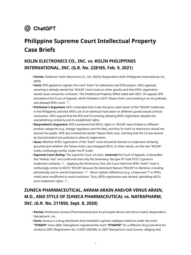 Philippine Supreme Court Intellectual Property Case Briefs | PDF | Fair ...