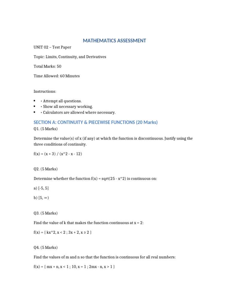 Mathematics - Assessment - Unit - 02 - Test - Paper - Docx Is Ready ...