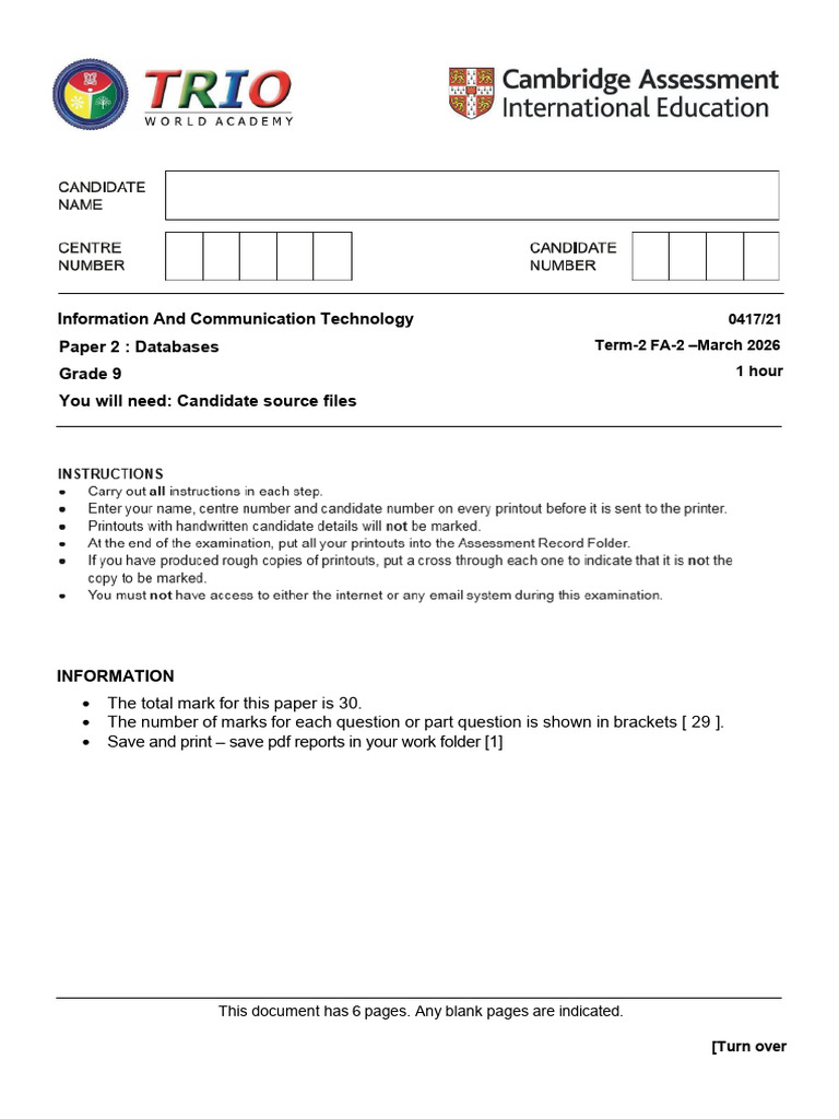 Grade 9 ICT FA2 QP Term 2 2025 26 Databases | PDF