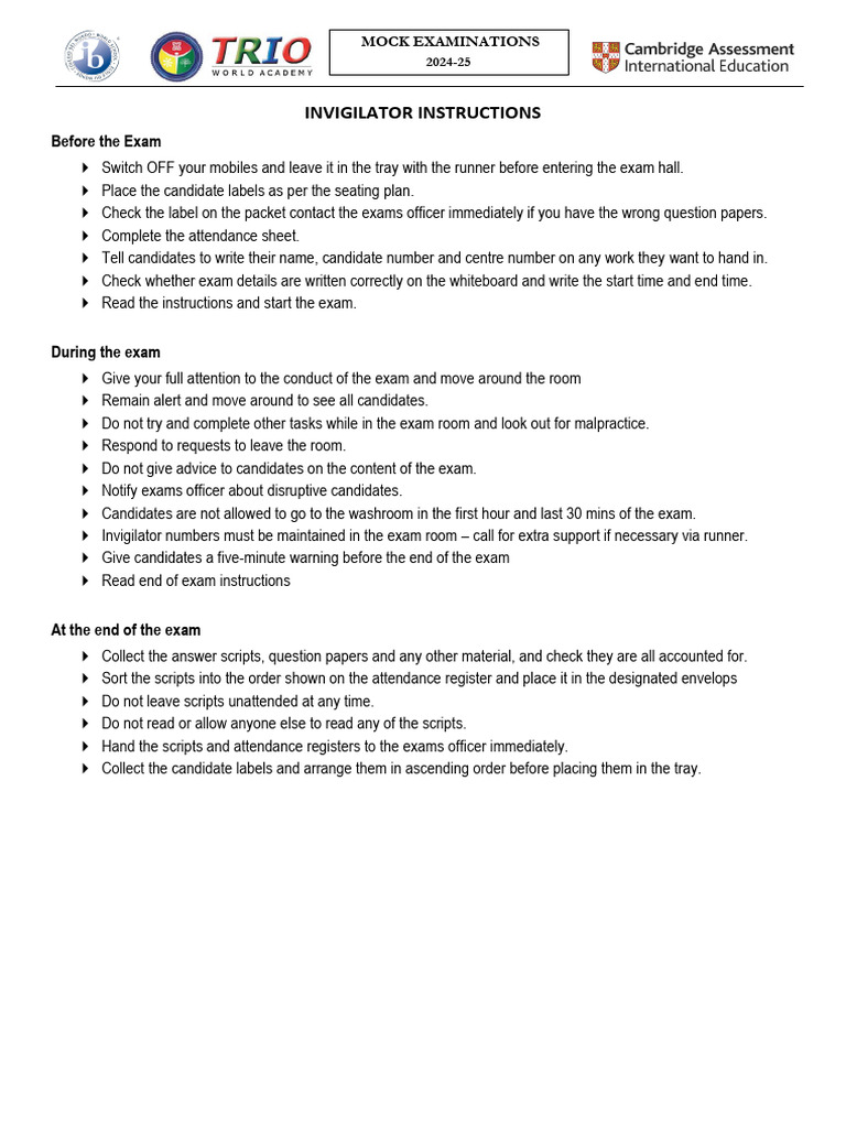 Invigilator Instructions | PDF