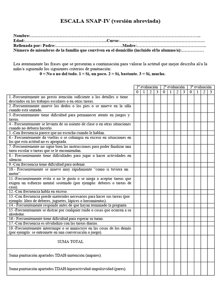 Escala Snap IV para Madre | PDF