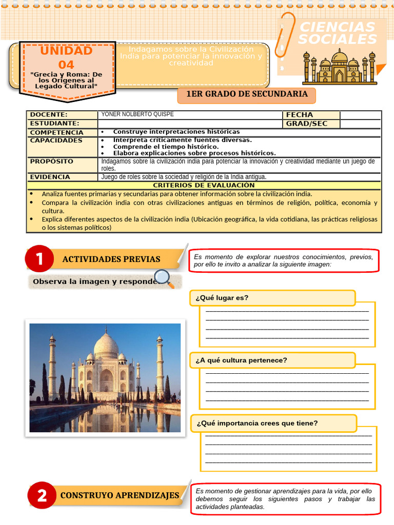 Ficha de Actividad CCSS 1°ses1 - Semana 1 | PDF | Vedas | Ascetismo