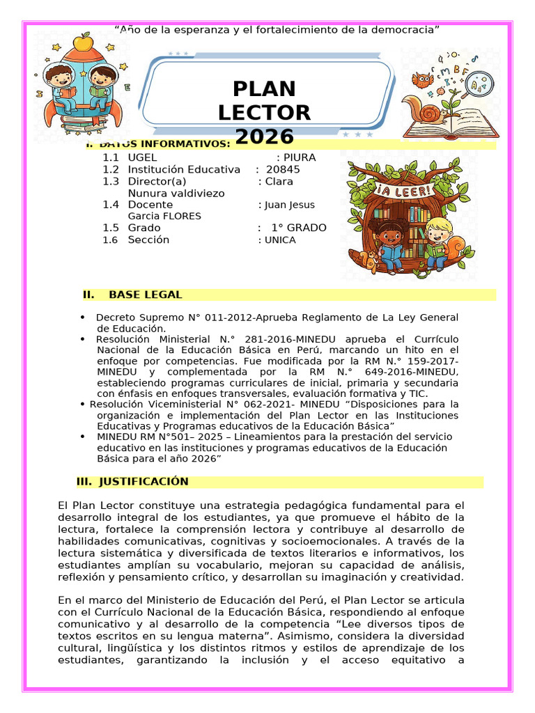 1° Grado - 2026 Plan Lector | PDF | Educación primaria | Comprensión ...