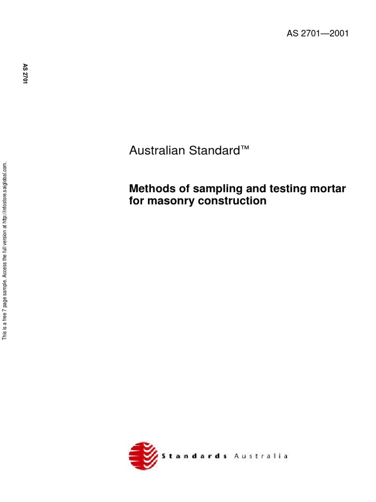 As 27012001 Methods of Sampling and Testing Mortar For Masonry