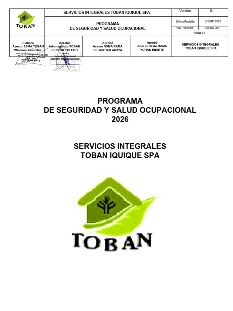 Psso-01 Programa Seguridad y Salud Ocupacional Toban Spa 2026 | PDF ...