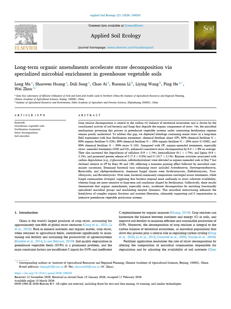 10 1016J Apsoil 2026 106888 | PDF | Soil | Decomposition