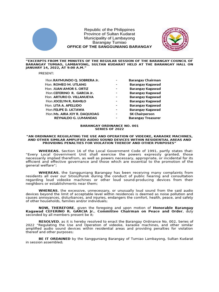 ORDINANCE NO. 01 - Regulating The Use and Operation of Videoke | PDF ...