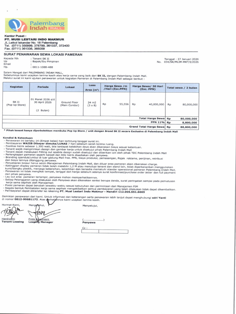 Surat Penawaran Perpanjangan Sewa Tenant SK II (2 Bulan) 2026 | PDF