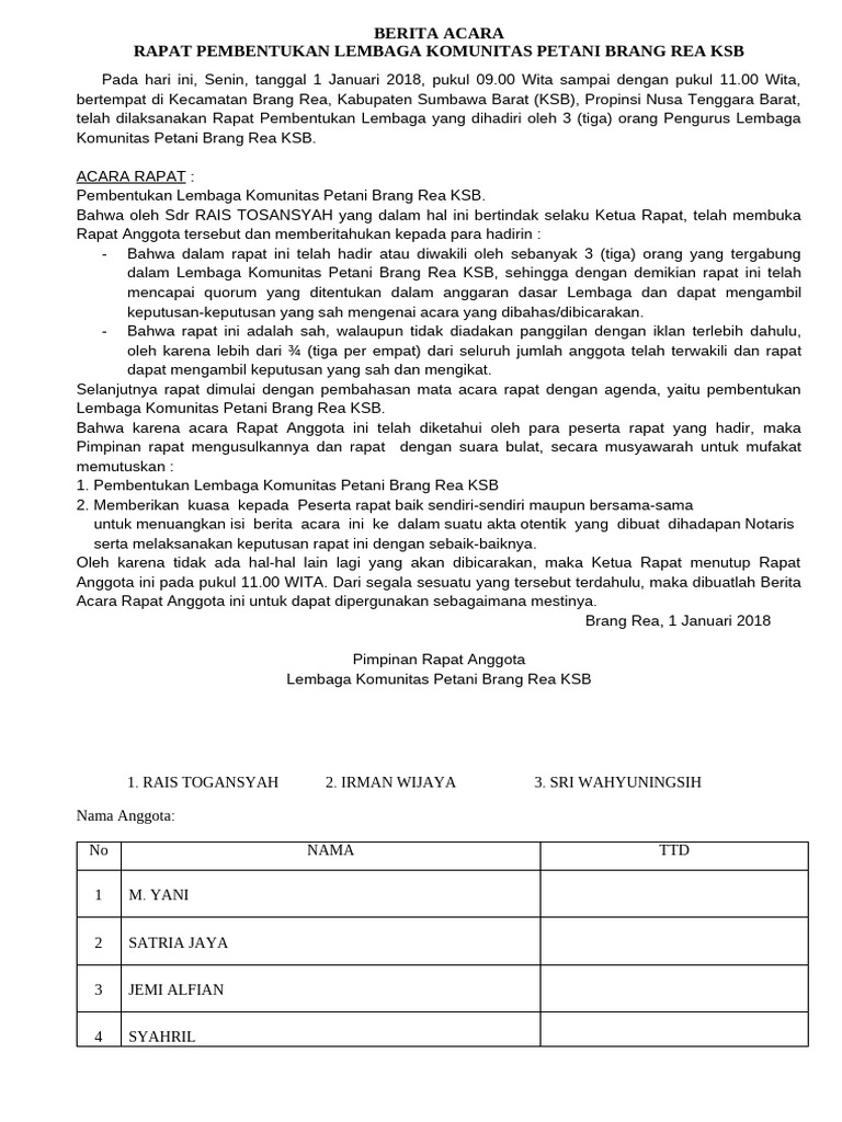 01 Berita Acara Komunitas Petani Brang Rea KSB | PDF