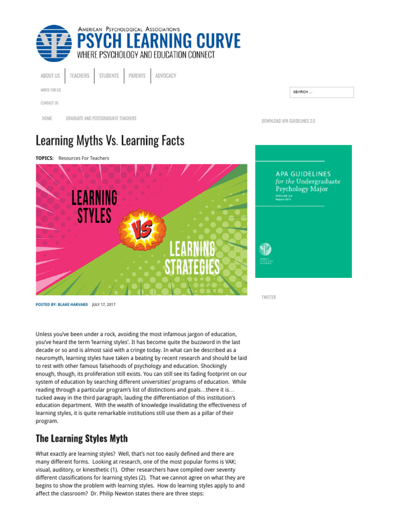 Learning Myths vs. Learning Facts - Psych Learning Curve | PDF ...