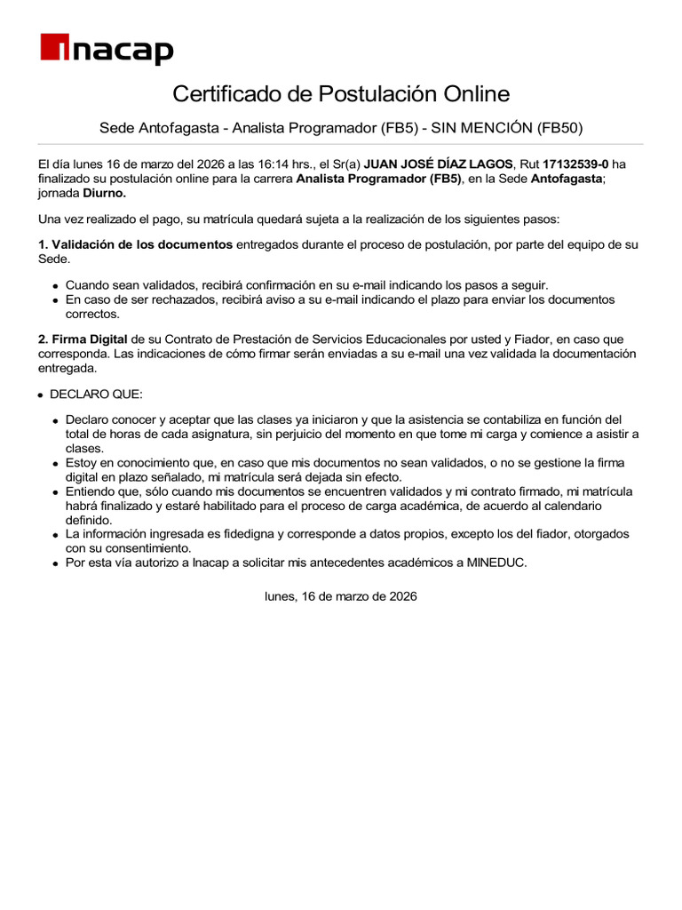 Certificado de Postulacion | PDF