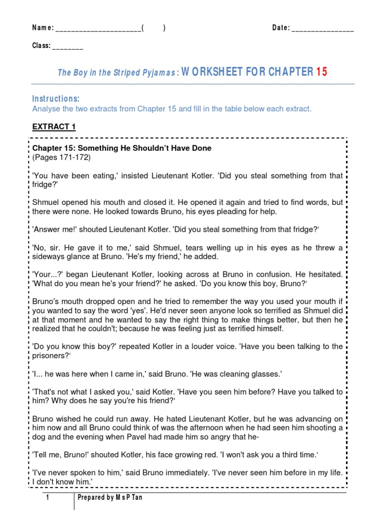 Worksheet For Chapter The Boy in The Striped Pyjamas PDF