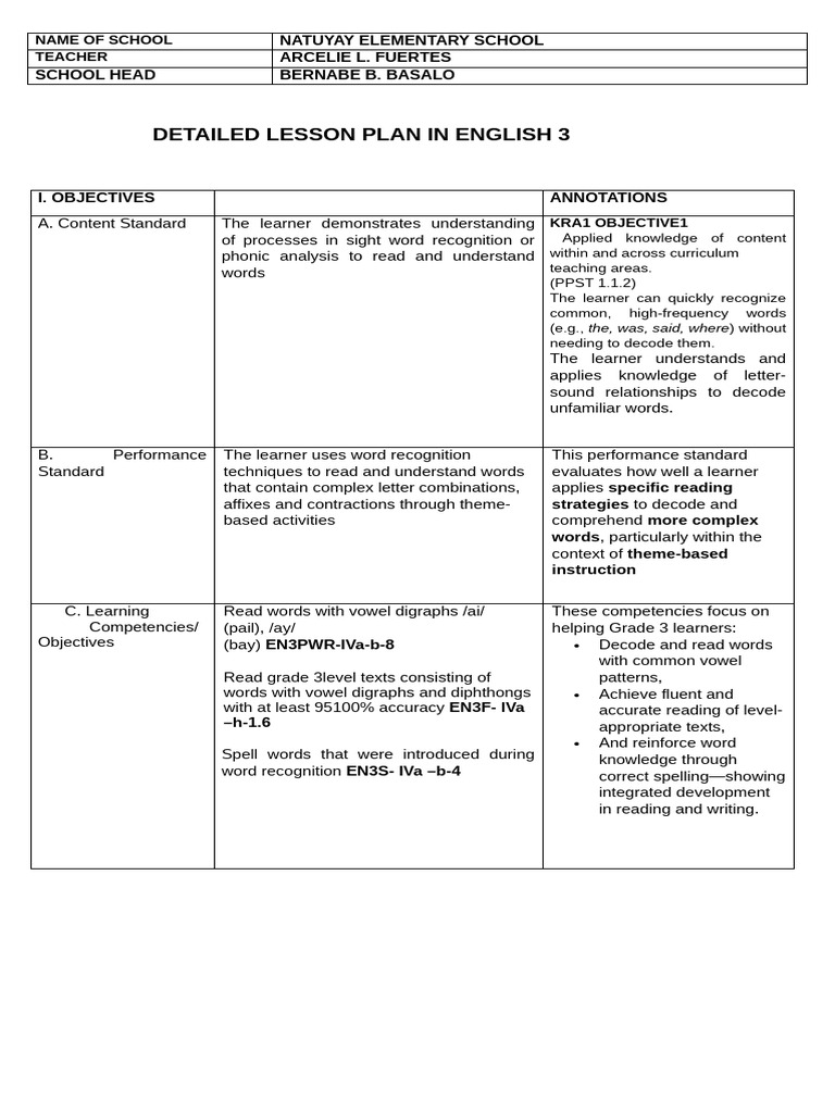 Detailed Lesson Plan in English 3 24-25 | PDF | Phonics | Learning